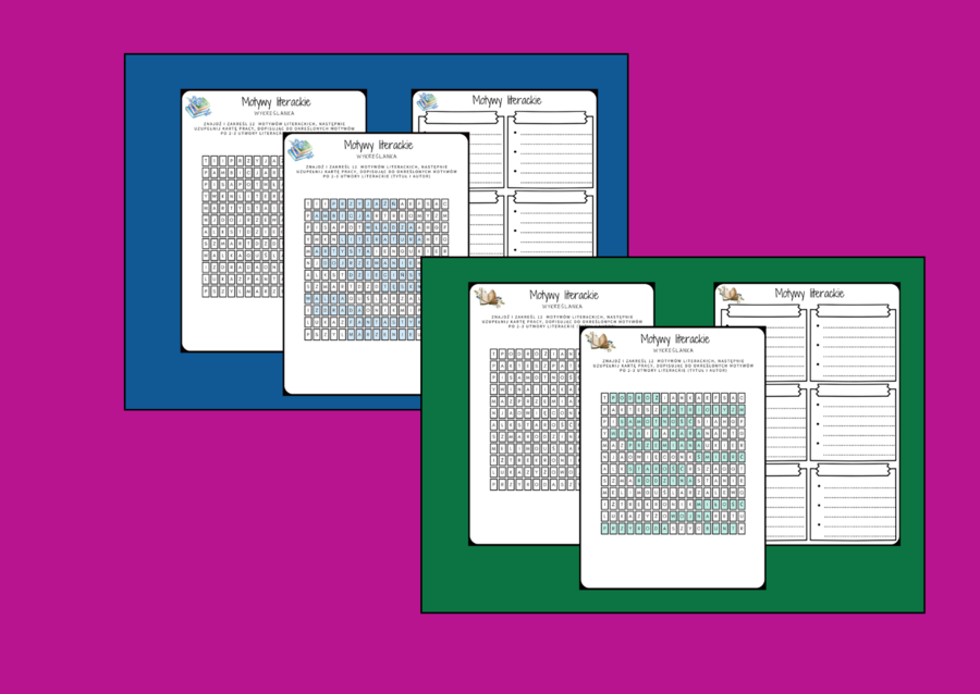MOTYWY LITERACKIE - wykreślanka - karta pracy - powtórka - egzamin - lektury z kl.7-8 + odpowiedzi