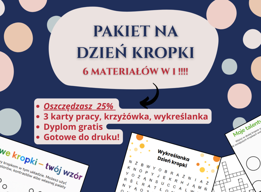 📦 Pakiet „Dzień Kropki” 🔴✨ – karty pracy, krzyżówka, wykreślanka, dyplom – kreatywność, wyobraźnia, sztuka – klasy 1–8, świetlica, godzina wychowawcza