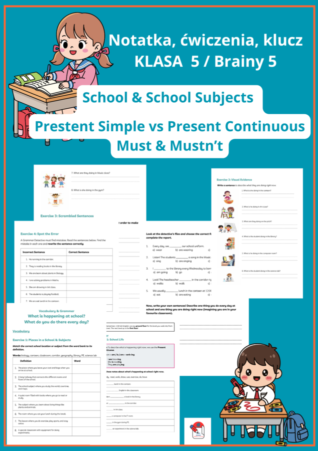 School & School Subjects - Present Cont. vs Present Simple - Must/Mustn't. Brainy 5-  unit 5
