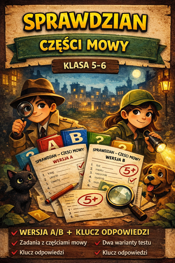 Części mowy – sprawdzian kl. 5–6 | wersja A i B + klucz odpowiedzi
