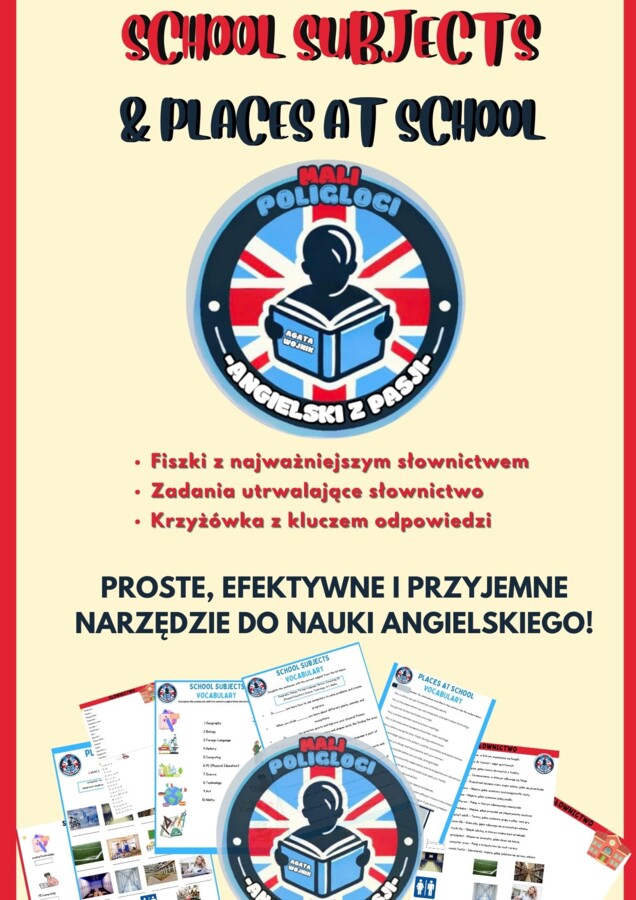 Fiszki, Zadania i Krzyżówka: "School Subjects & Places in School"