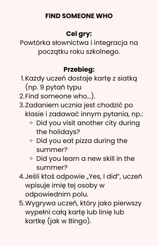 Find someone who- summer edition, gra, zabawa, integracja