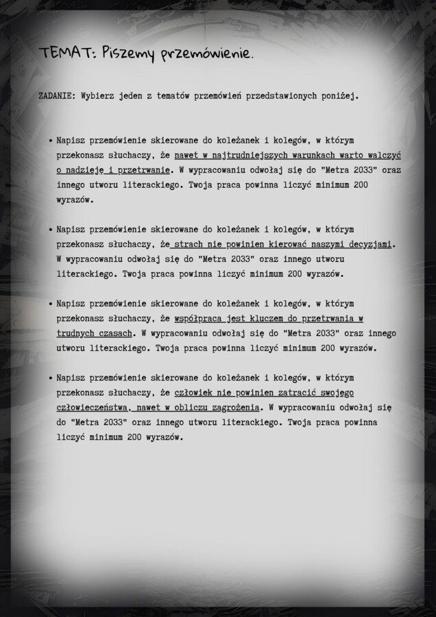 Tematy przemówień - Metro 2033