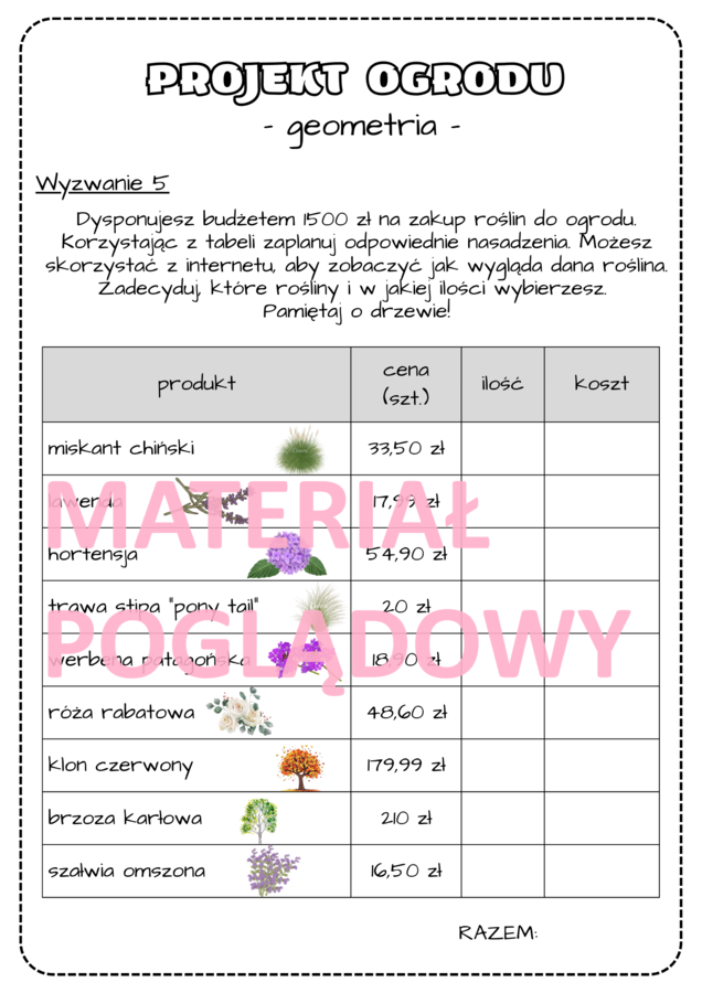 Projekt edukacyjny – klasa 6, 7, 8. Innowacja pedagogiczna. Obliczenia praktyczne. Projekt ogrodu. Geometria