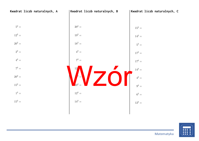 Kwadrat liczb naturalnych | matematyka | 26 kolumn