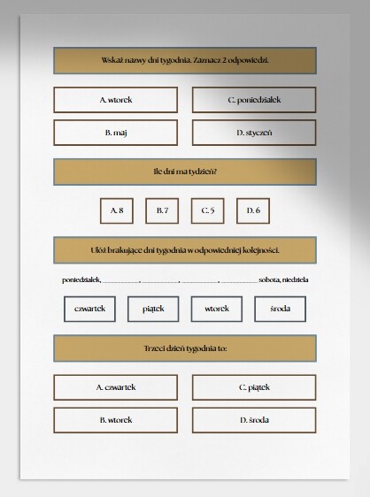 Dni tygodnia. Karta pracy. Sprawdzian