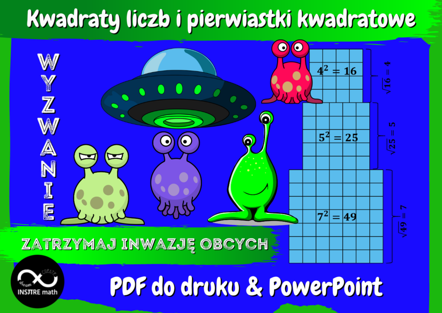 Kwadraty liczb naturalnych i pierwiastki kwadratowe. Potęgi i pierwiastki. Zatrzymaj inwazję obcych.