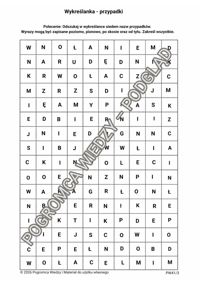 Przypadki rzeczownika - zestaw kart pracy (klasa 4)