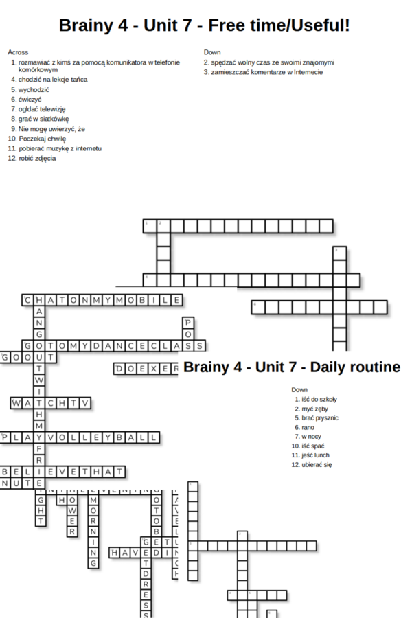 Brainy 4 – Unit 7 – krzyżówki – Daily routine/Free time_Useful!