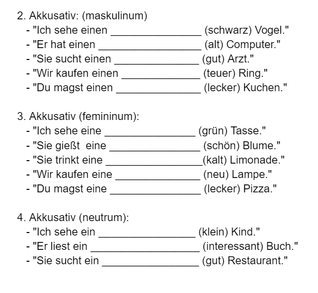 Niemiecki cwiczenia na odmiane rzeczownika z przymitnikiem i rodzajnikiem nieokreslonym i okreslonym w przypadkach mianownik i biernik