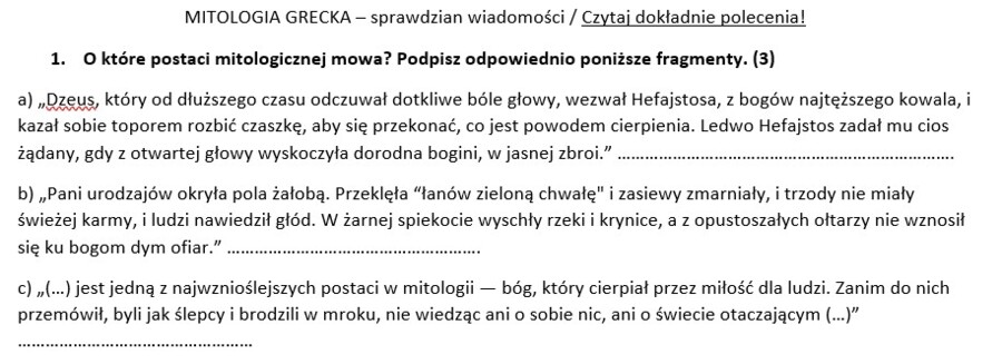 Sprawdzian z zakresu mitologii greckiej (klasa 5/6)