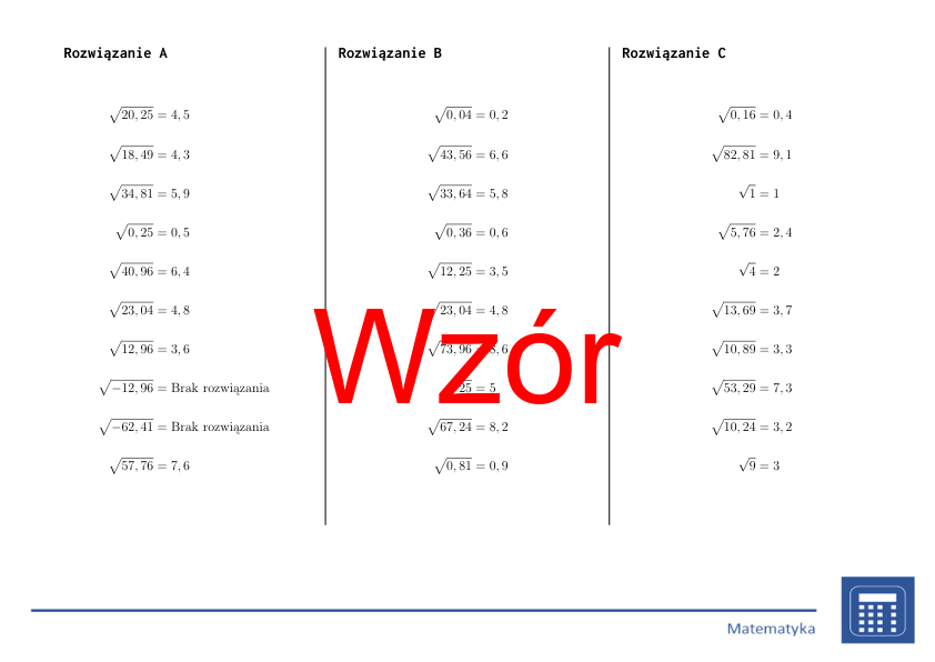Pierwiastek kwadratowy liczb dziesiętnych dodatnich i ujemnych | matematyka | 26 kolumn