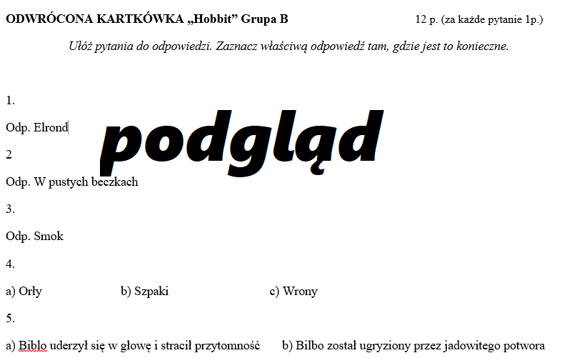 Odwrócona kartkówka "Hobbit" grupa 1. i 2.