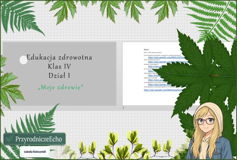 Średni zestaw prezentacji multimedialnych w genial.ly (8 sztuk) do całego działu "Moje zdrowie" z Edukacji zdrowotnej do klasy 4. Edukacja zdrowotna. Klasa 4. Dział „Moje zdrowie”.