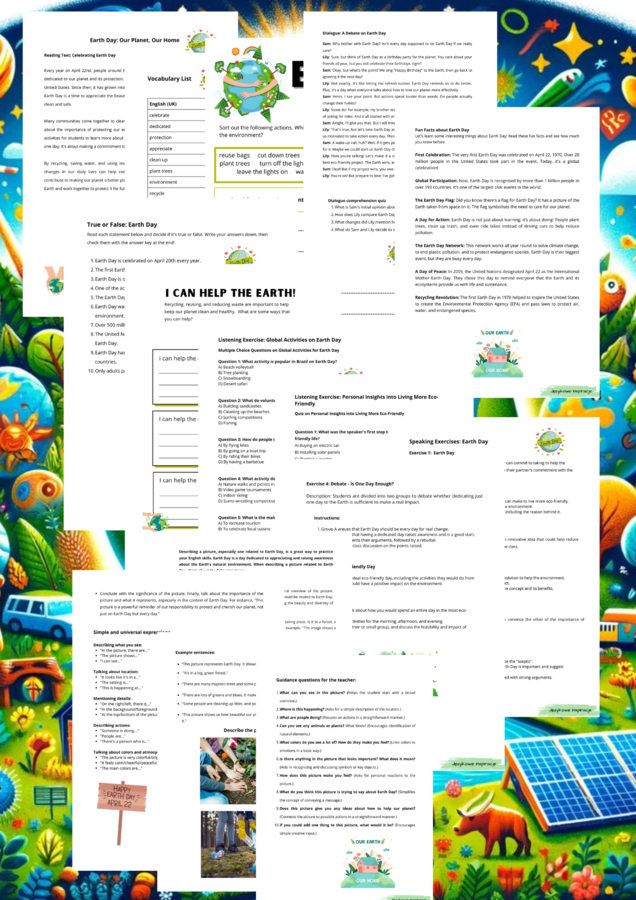 Zestaw dwóch lekcji: Earth Day A2+/B1 oraz English Language Day B1/B2. Karty Pracy. Worksheet.