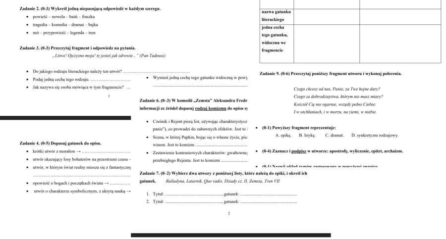 Rodzaje i gatunki literackie sprawdzian dla kl.8