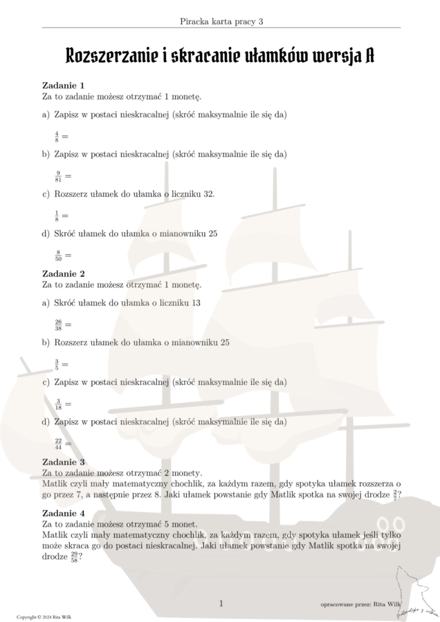 Piracki projekt ułamki zwykłe