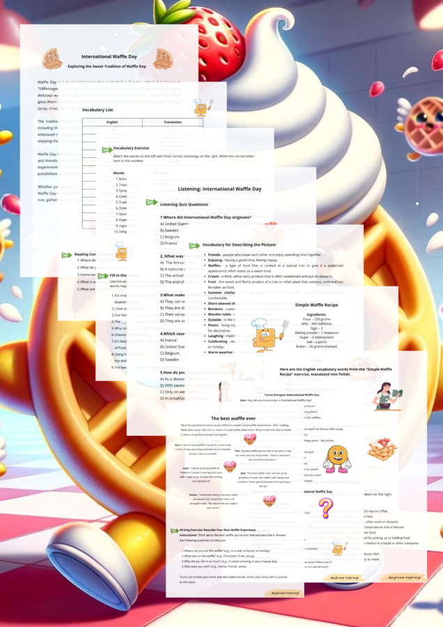 International Waffle Day A2. Dzień gofra. Gotowa lekcja angielskiego. Karty pracy. Worksheet.