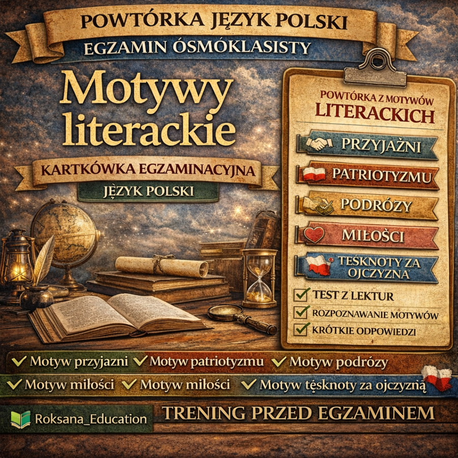 📚 Motywy literackie – kartkówka egzaminacyjna | powtórka przed egzaminem ósmoklasisty (15 zadań)
