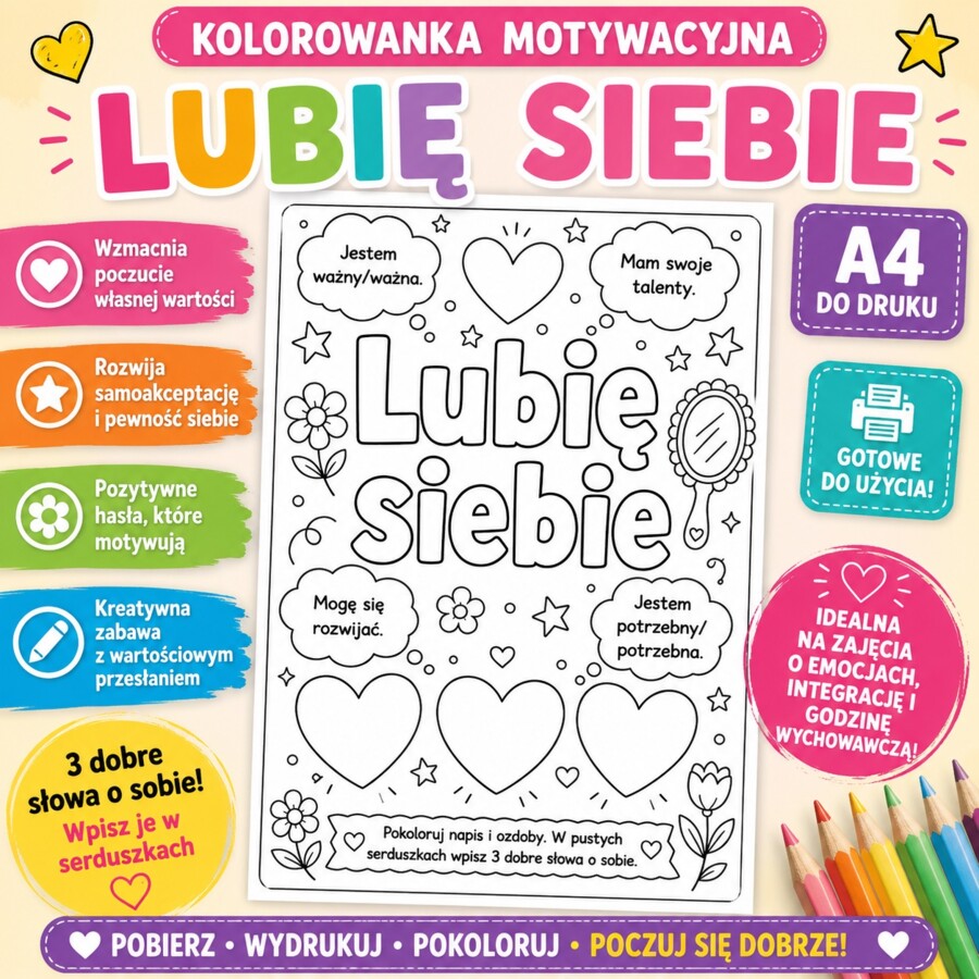Kolorowanka motywacyjna. Lubię siebie