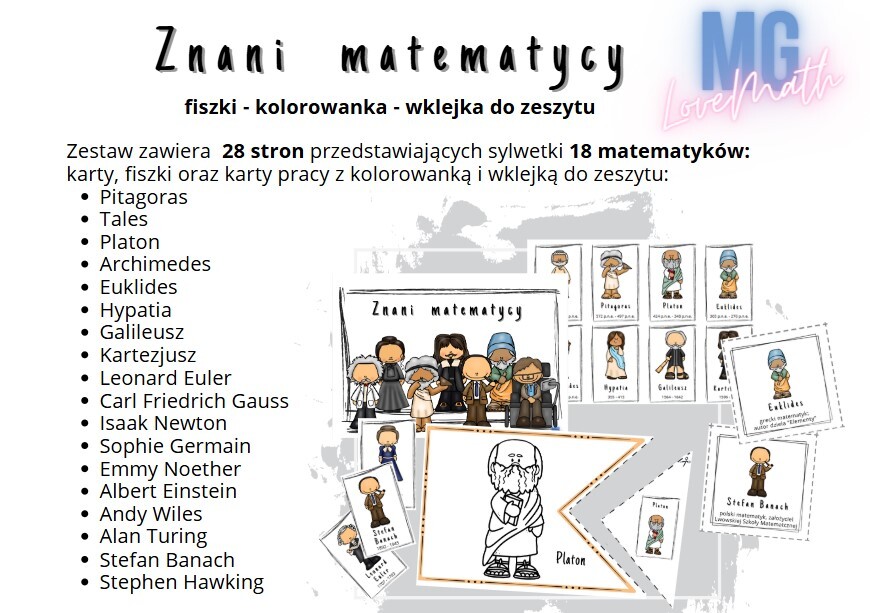 Dzień matematyki - Znani matematycy - kolorowanka, karty, fiszki