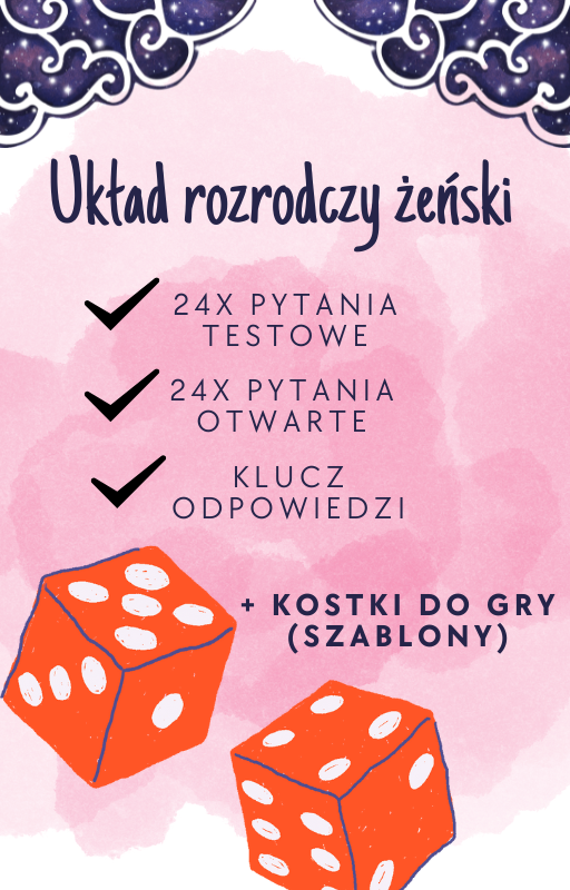 Układ rozrodczy żeński - ćwiczenia do lekcji/ zadania / gra do lekcji - 24 pytań testowych i 24 pytań otwartych wraz z odpowiedziami + kostki do gry (szablony)