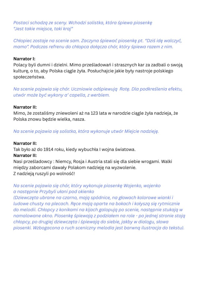 Scenariusz przedstawienia z okazji Narodowego Święta Odzyskania Niepodległości