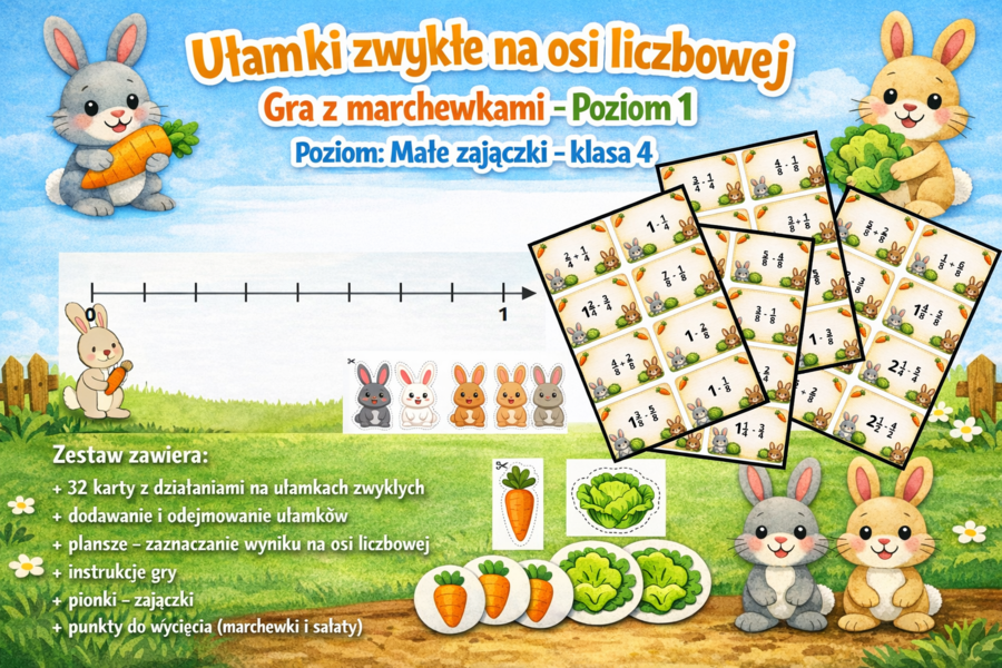 Ułamki zwykłe na osi liczbowej + dodawanie i odejmowanie ułamków zwykłych o takich samych mianownikach – gra z marchewkami  – Poziom 1 (Małe zajączki, klasa 4)