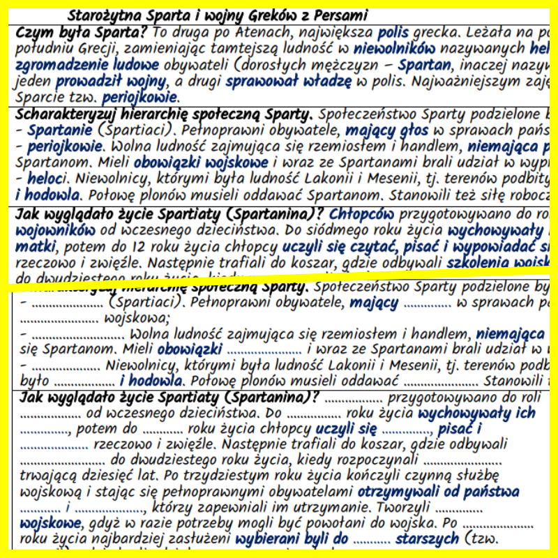 Starożytna Sparta i wojny Greków z Persami – notatki i karta pracy