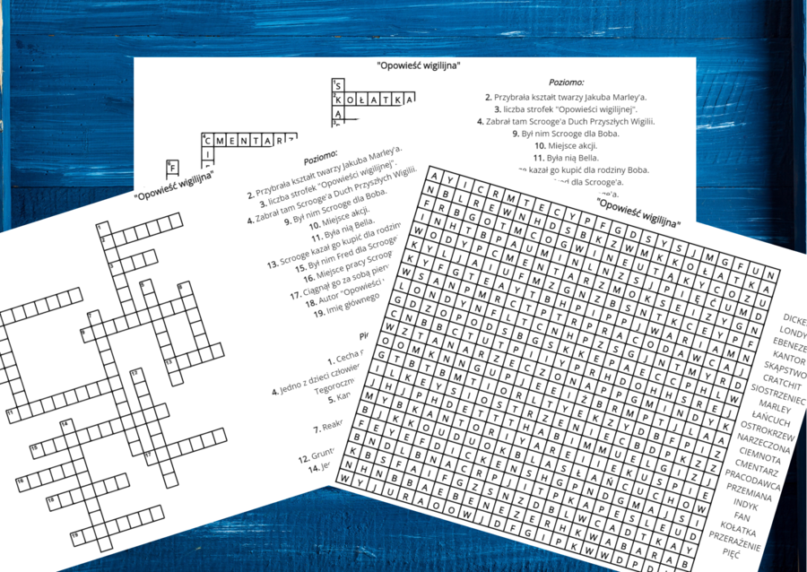 "OPOWIEŚĆ WIGILIJNA" - krzyżówka, wykreślanka - lektury obowiązkowe kl.7-8