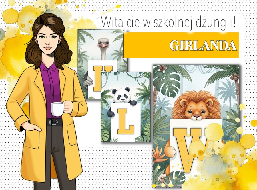 Girlanda / baner / proporczyk / napis / dekoracje / ścienna gazetka szkolna. Rozpoczęcie / Poczatek roku szkolnego. WITAJCIE W SZKOLNEJ DŹUNGLII!