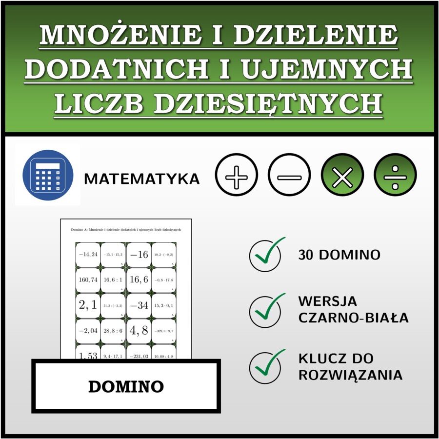 Domino - Mnożenie i dzielenie dodatnich i ujemnych liczb dziesiętnych | matematyka