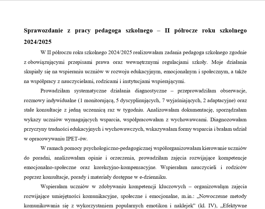 Sprawozdanie z pracy pedagoga szkolnego – II półrocze roku szkolnego 2024/2025 nowe