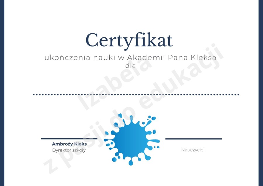 Certyfikat dla ucznia - "Akademia Pana Kleksa"