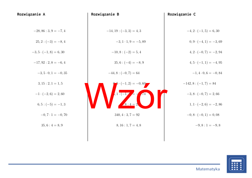 Mnożenie i dzielenie liczb dziesiętnych dodatnich i ujemnych | matematyka | 26 kolumn