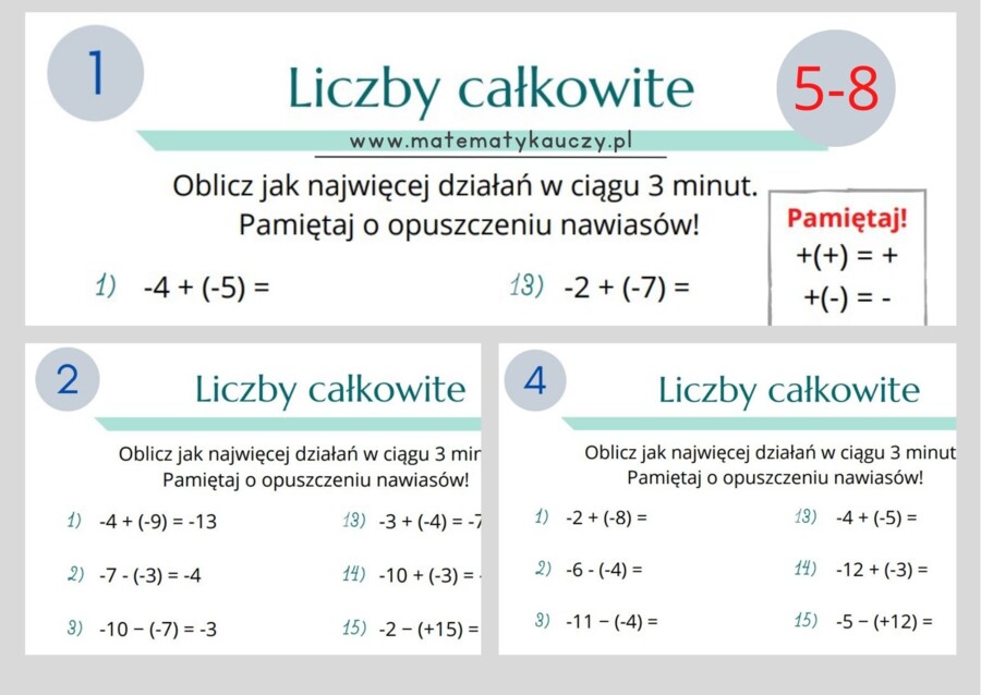 Dodawanie i odejmowanie LICZB CAŁKOWITYCH z NAWIASAMI / Karty pracy PDF kl. 5-8 + ROZWIĄZANIA