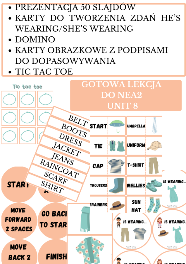 Gotowa lekcja do podręcznika New English Adventure 2 UNIT 8 – CLOTHES, prezentacja, flashcards, gra domino, gra stolikowa, karty do budowania zdań He's wearing/She's wearing, gra Tic Tac Toe