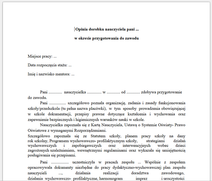 Opinia mentora na temat dorobku nauczyciela odbywającego przygotowanie do zawodu WZÓR