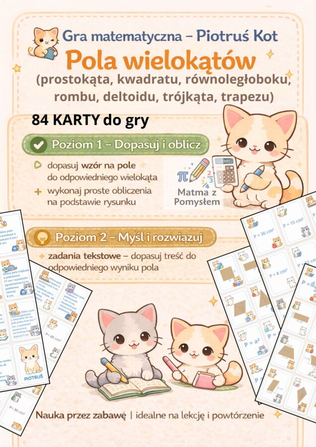 Piotruś Kot – pola wielokątów | gra matematyczna | 84 karty | kl. 5–6
