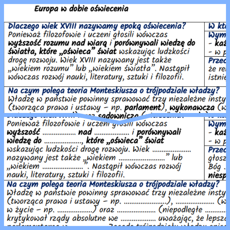 Europa w dobie oświecenia – notatki i karta pracy