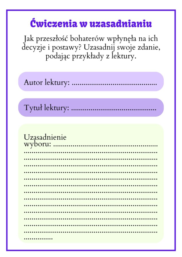 Jak przeszłość bohaterów wpłynęła na ich decyzje i postawy? - ćwiczenia w uzasadnieniu. Praca w grupach.