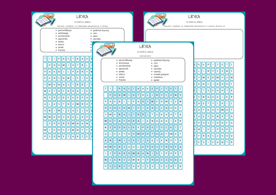 EPIKA - LIRYKA - DRAMAT - wykreślanka - karta pracy - powtórka - egzamin - RODZAJE LITERACKIE - zestaw