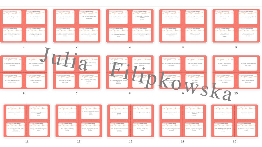 Present Continuous/ Karty do mówienia/ Mówienie/ Speaking/ Zestaw/ Pakiet/ Konwersacje/ Klasy 4-8/ Klasy 4-6/ Klasy 6-8/ SP/ Warm-up/ Rozgrzewka/ Speaking cards/ Gramatyka/ Grammar/ Speaking cards grammar/ Grammar cards/ E8