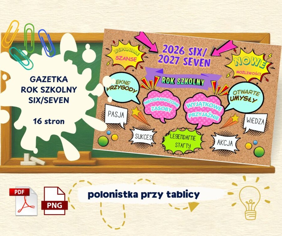 Gazetka szkolna na rozpoczęcie roku 2026/2027 – komiksowy pakiet dekoracyjny (PDF i PNG)