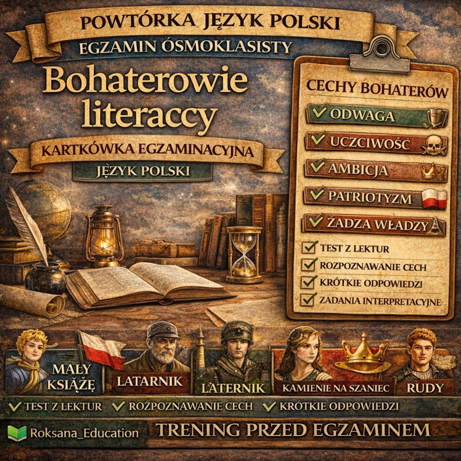 📚 Bohaterowie literaccy – cechy i postawy | kartkówka egzaminacyjna | powtórka przed egzaminem ósmoklasisty (15 zadań)