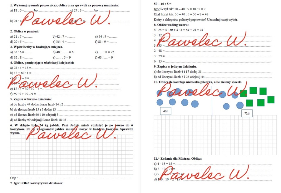 Dodawanie i dzielenie, kolejność wykonywania działań - sprawdzian, karta pracy, kl. 3, 4