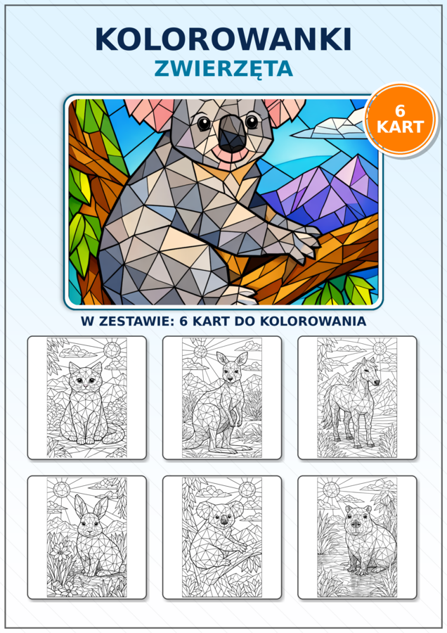 Kolorowanki typu: mozaika, low poly, witraż – zwierzęta: koala, kapibara, koń, kangur, królik, kot (6 kart); motoryka mała; świetlica.