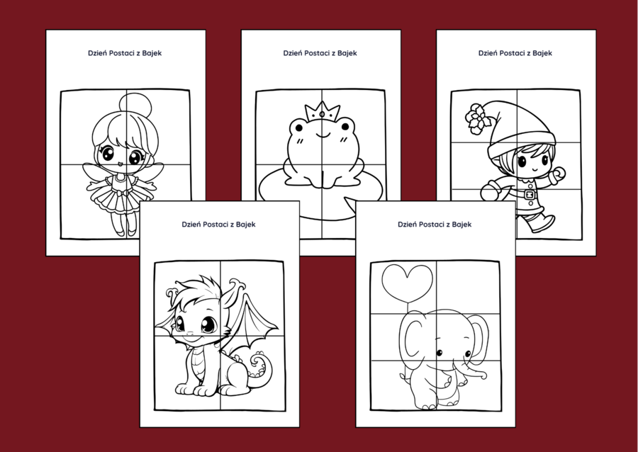 DZIEŃ POSTACI Z BAJEK – biblioteka – świetlica – przedszkole - UKŁADANKA - układanki - puzzle - kolorowanka - 10 szt.