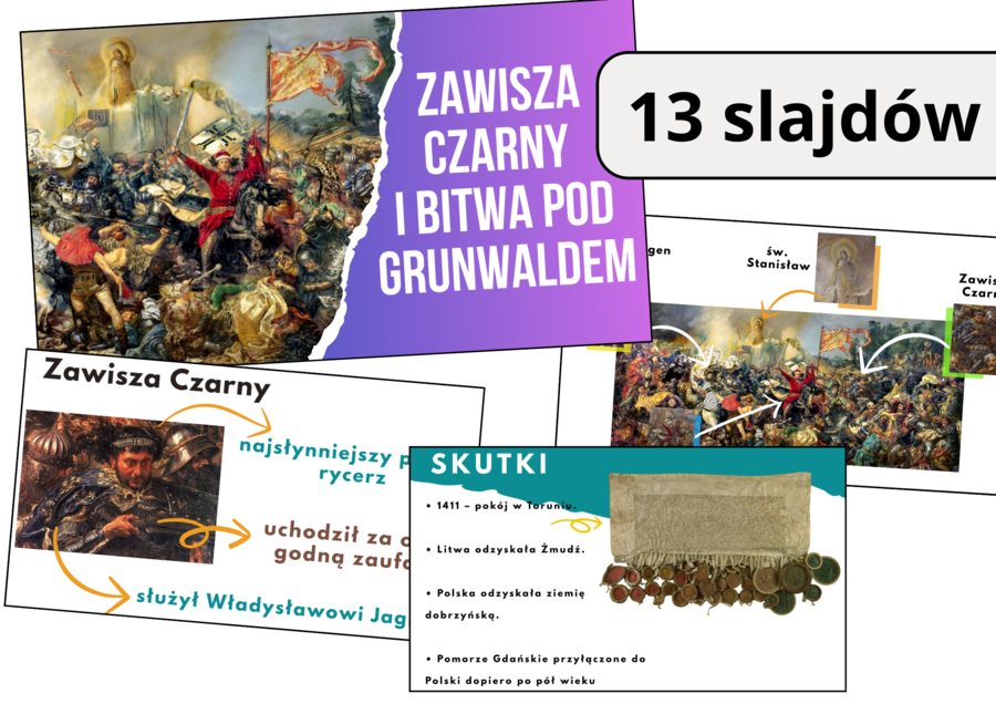 Prezentacja multimedialna- Zawisza Czarny i Bitwa pod Grunwaldem, zgodna z podstawą programową, możliwość edycji, Materiał cyfrowy