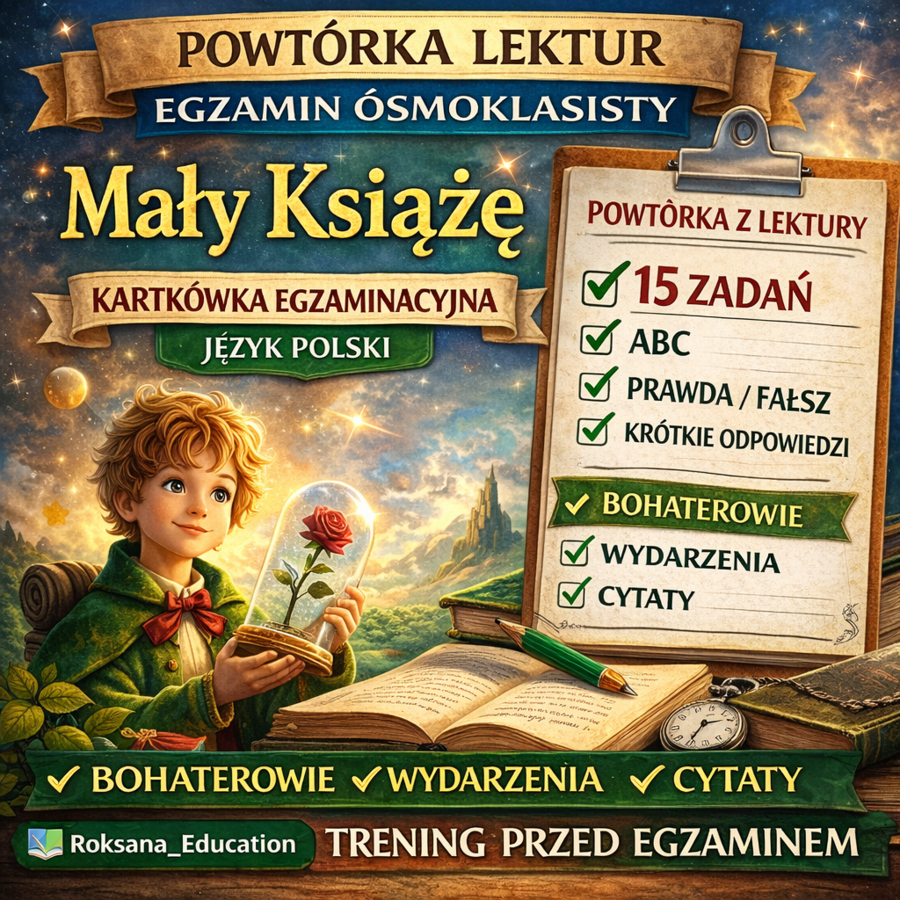 📚 „Mały Książę” – kartkówka egzaminacyjna | powtórka przed egzaminem ósmoklasisty (15 zadań)